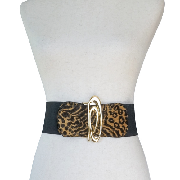 VTG 80s Wide Elastic Faux Leopard Fur Cinch Waist Belt Retro Mob Wife Statement - Picture 1 of 13